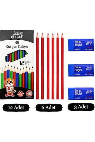 Gen-of Hb Köşeli Kurşun Kalem 12'li + Kopya Kalemi 6'lı Kırmızı + Sınav Silgisi 3'lü