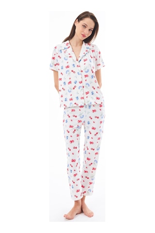 Cottonhill Premium Kadın Pijama Takımı Meyve Desenli Yumuşak Dokulu Kısa Kollu Gömlek Yaka Krem
