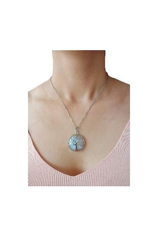 Opalit Doğal Taşlı Hayat Ağacı Çelik Kolye - Kadın Beyaz