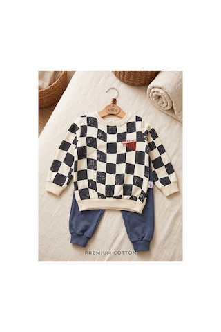 Deniva Kids Erkek Çocuk Dama Desenli Bisiklet Yaka Sweatshirt Ve Beli Lastikli Eşofman Altı Pamuklu 2'li İkili Takım Çok Renkli