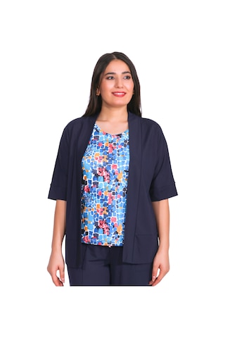 Tolga Saraçoğlu Oversize Minimalist 3/4 Kol Kadın Hırka - Günlük Şıklık Lacivert