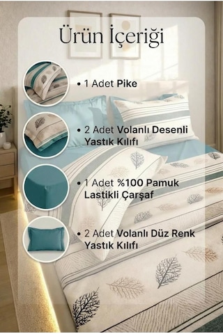 %100 Pamuk Pike Takımı 6 Parça Lastikli Çarşaflı Mor Desenli Çift Kişilik Turkuaz