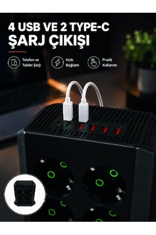 8'li Dikey Çoklu Priz 4 Usb 2 Type-c Akım Korumalı Anahtarlı Priz Normal