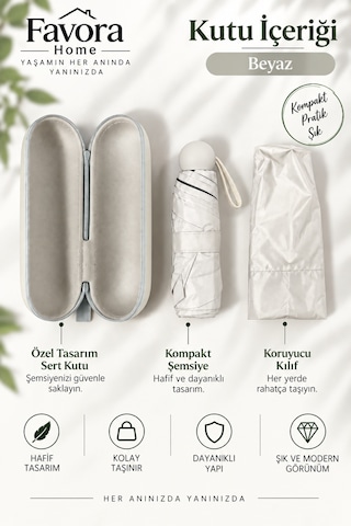 Favora Rainbox Kapsül Şemsiye - Kutulu Mini Katlanır Çanta Boy Şemsiye İnci Beyazı