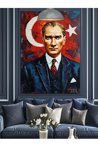Türkiye Cumhuriyeti Bayrağı Önünde Atatürk Portresi Dekoratif Kanvas - Mdf Ahşap Tablo