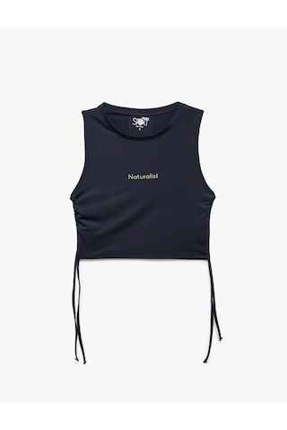 Koton Kolsuz Bisiklet Yaka Dar Kalıp Büzgülü Baskılı Crop Spor Atlet Lacivert 5sak30237nk Lacivert