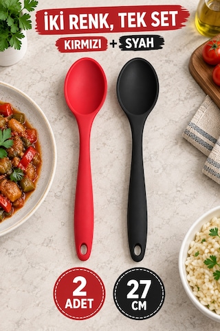 2'li Set Kırmızı Siyah Büyük Boy Silikon Kaşık 27 Cm Mutfak Yemek Pişirme Ve Servis Kaşığı 2 Adetlik