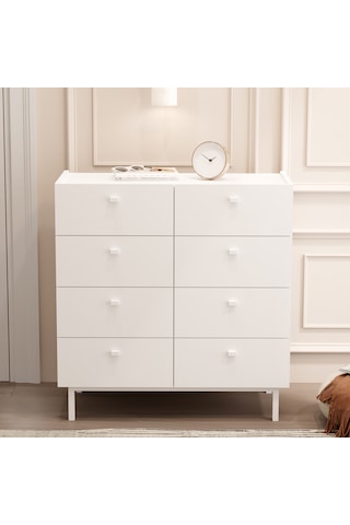 Robinhome Rhode Geniş Şifonyer 8 Çekmeceli Ahşap Ayaklı Beyaz