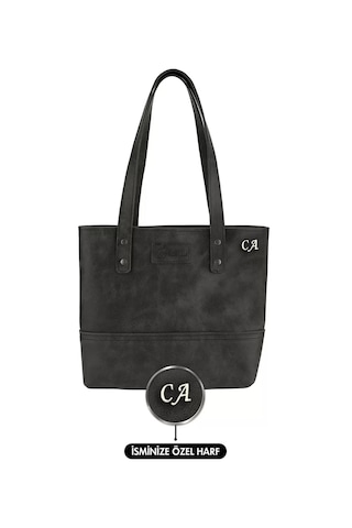 İsme Özel Tote Bag El Omuz Çantası - %100 Rainbow Deri - Ac03003 - Antrasit Antrasit