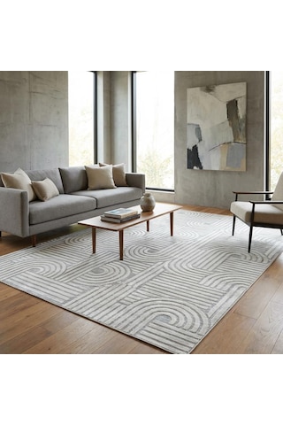 Açık Gri Modern Geometrik Desenli Dijital Baskılı Kaymaz Tabanlı Yıkanabilir Antibakteriyel Halı Açık Gri