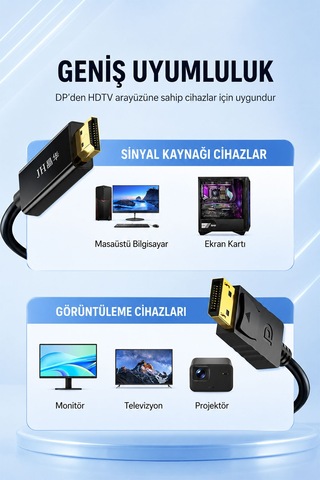 Displayport - Hdmı 4k Ultra Hd Kablo, Dp - Hdmı Dönüştürücü, 3840x2160 Görüntü Aktarımı, Monitör Tv Projeksiyon Uyumlu, Altın Kaplama, Kilitli Bağlantı Z623e