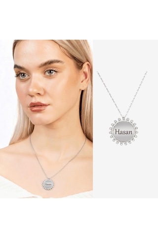 Tesbihane Zirkon Taşlı Güneş Tasarım Silver Renk Kişiye Özel İsim/harf Yazılı 925 Ayar Gümüş Kadın Kolye