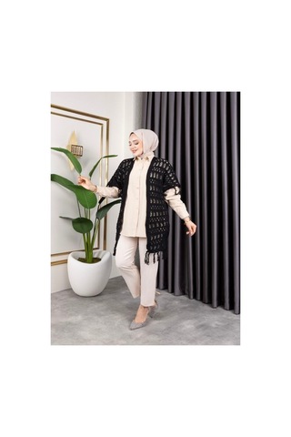 Hira Life Fashion Kadın Mevsimlik Saçaklı Ve Ajurlu Pamuk Triko Hırka Siyah Siyah