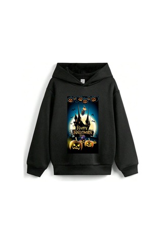 Stil X Halloween - Cadılar Bayramı Baskılı, Kapüşonlu Çocuk Sweatshırt, 3 İplik Şardonlu Siyah-1