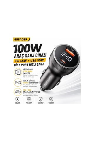Essager 100w Araç Şarj Cihazı Pd Type C 45w + Usb 55w Çift Port Hızlı Şarj Dijital Göstergeli Araç Şarj Adaptörü