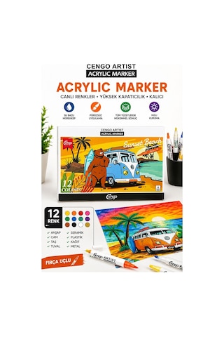 12 Renk Akrilik Markör Keçeli Kalem 1 Paket Cengo 12 Li Acrylic Marker Taş Cam Metal Seramik Plastik Tuval Ahşap