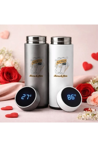 Bk Gift Kişiye Özel Best Friend Tasarımlı Dijital Göstergeli Filtreli 2li Çelik Termos 450 Ml -3, Arkadaşa Hediye En İyi Arkadaş Termos Seti Kobitmeye Renkli