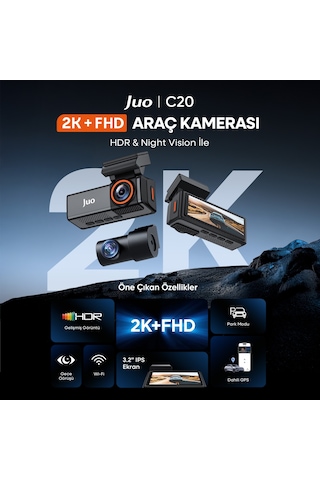 Juo C20 2k Qhd Ön + Fhd Arka 2 Kameralı Wifi Gps Hdr Araç Kamerası Ekranlı 170 Geniş Açı Gece Görüş Araç İçi Kamera