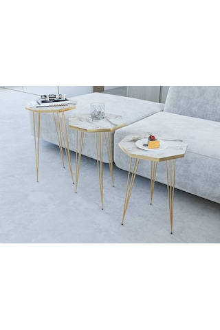 Zigon Sehpa 3'lü Sekizgen Takım Altın Tel Ayaklı Beyaz Mermer-Gold