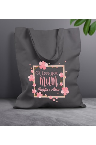 Bk Gift Kişiye Özel İsimli Anneler Günü Tasarımlı Antrasit Kumaş Bez Çanta, Baskılı Omuz Çantası, Alışveriş Çantası, Anneler Günü Hediyesi, Anneye Hediye-7 Sarı