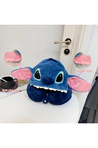 Honeybeeshop Mavi Disney Stitch Seyahat Yastığı U Sekilli Boyun Desteği Buyuk Gozler Pembe Kulaklar Yumusak Kumas Elde Yikama Ucak Uykulari Icin