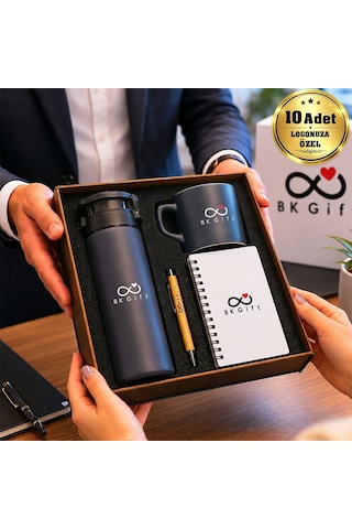 Logonuza Özel 10 Adet Ahşap Kutulu Antrasit Kurumsal Hediye Seti Cam Suluk, Seramik Fincan, Defter Ve Kalemli Promosyon Seti