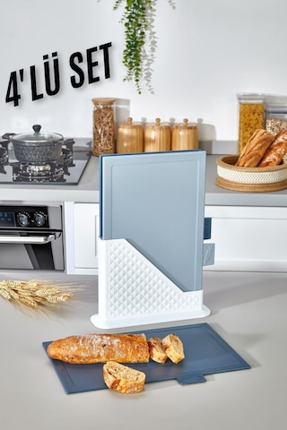 4 Parça Standlı Kesme Tahtası Seti - Ekmek/ Sebze Kesme Tahtası