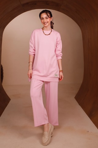 Balenbi Kadın Oysh Modal Kumaş Oversize 80 Cm Tunik Bol Paça Pantolon Tesettür Takım 1228 Pembe