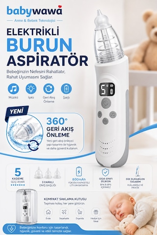Babywawa H-032 Elektrikli Burun Aspiratörü 0-12 Yaş Şarjlı Nazal Aspiratör 5 Kademe Güçlü Vakum Led Işıklı Müzikli