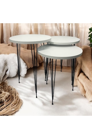 Zigon Sehpa 3'lü Yuvarlak Model Metal Tel Ayak Beyaz Beyaz