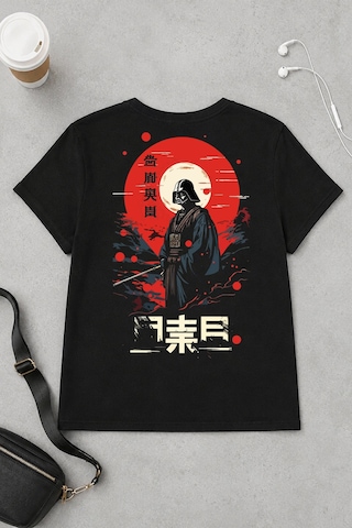 Spoyi Red Moon Warrior Tasarımlı %100 Pamuk Yarım Oversize Siyah T-shirt