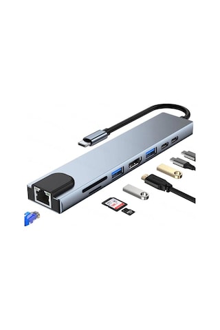 Shaza 8in1 USB Type-C Hub Port Adaptör HDMI USB Ethernet PD Girişli