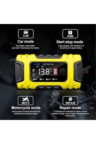 Symbee 12v/24v Akıllı Akü Şarj Cihazı, 10a, Kurşun Asit/lityum Bataryalar İçin, Tam Otomatik, Büyük Ekran, Rus Standardı, Sarı