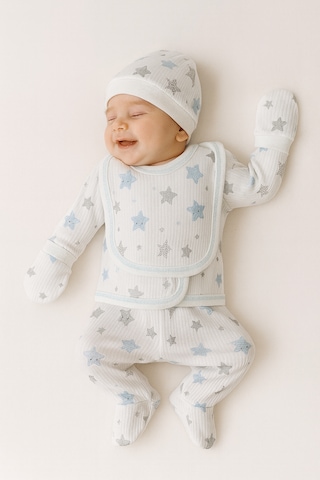 Hece Bebe Pamuklu 5 Parça Yenidoğan Hastane Çıkışı Seti Bebek Zıbın Takımı, Şapka, Önlük, Eldiven Ekru - Mavi