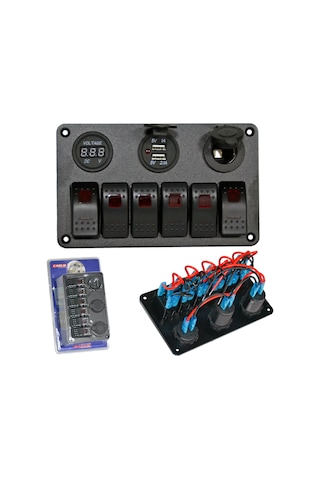 Carub Anahtar Switch Paneli 6 Lı Voltmetre + Usb + Çakmak Kırmızı Işıklı 18x11 Cm Br4630153