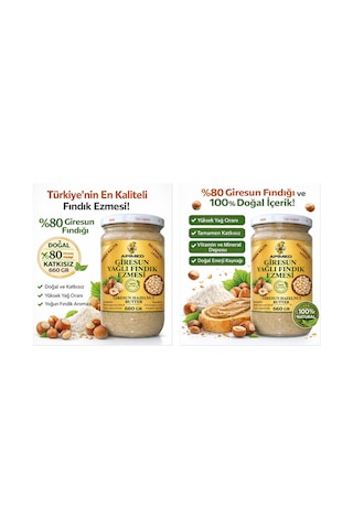 Giresun Yağlı Fındık Ezmesi %80 Fındık Oranı 660 Gr X 2 Adet Avantajlı Set