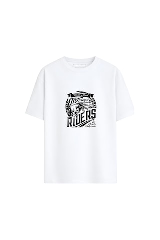 Black Nova Oversize Baskılı Unisex %100 Pamuk T-shirt California Riders Beyaz