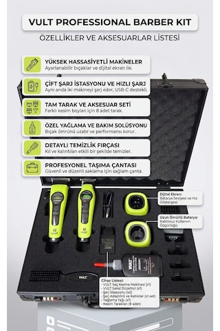 Vult Vt-9878-spro Profesyonel Berber Seti Çift Makine Brushless Motor 120 Dak
