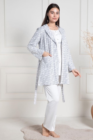 Mecit Pijama Mecit 6100 Gri Sabahlıklı Şardonlu Hamile Lohusa Pijama Takımı
