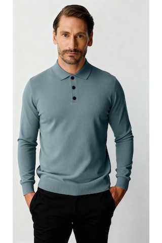İgs İndigo Standart Fit Dar Kalıp Polo Yaka Düz Uzun Kollu Triko-21900 Mavi
