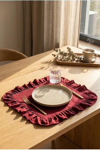 Pamuklu Fırfırlı Kare Supla 6'lı Set Amerikan Servis 33 Cm Supla Bordo