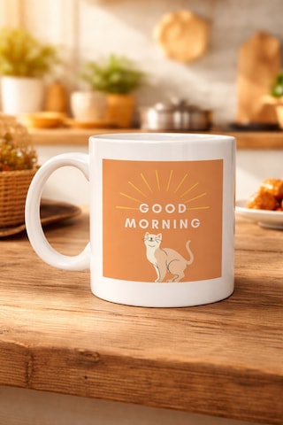 Good Morning Kedi Desenli Porselen Kupa Model 72 Sevimli Kedi Figürlü, Kahve & Çay Kupası, Hediyelik Porselen Bardak Diğer
