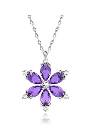 İndigo Takı Ametist Taşlı Lotus Çiçeği Beyaz Gümüş Kolye