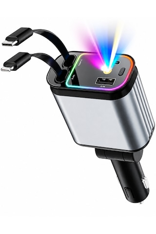 3'ü 1 Arada Hızlı Araç Şarj Cihazı Usb + Type-c + İos Entegre Kablolu Pd Hızlı Şarj 180 Dönebilen Başlık Led Aydınlatmalı