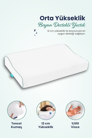 Çift Boyun Destekli Ortopedik Visco Yastık 52x32x12-10cm Beyaz