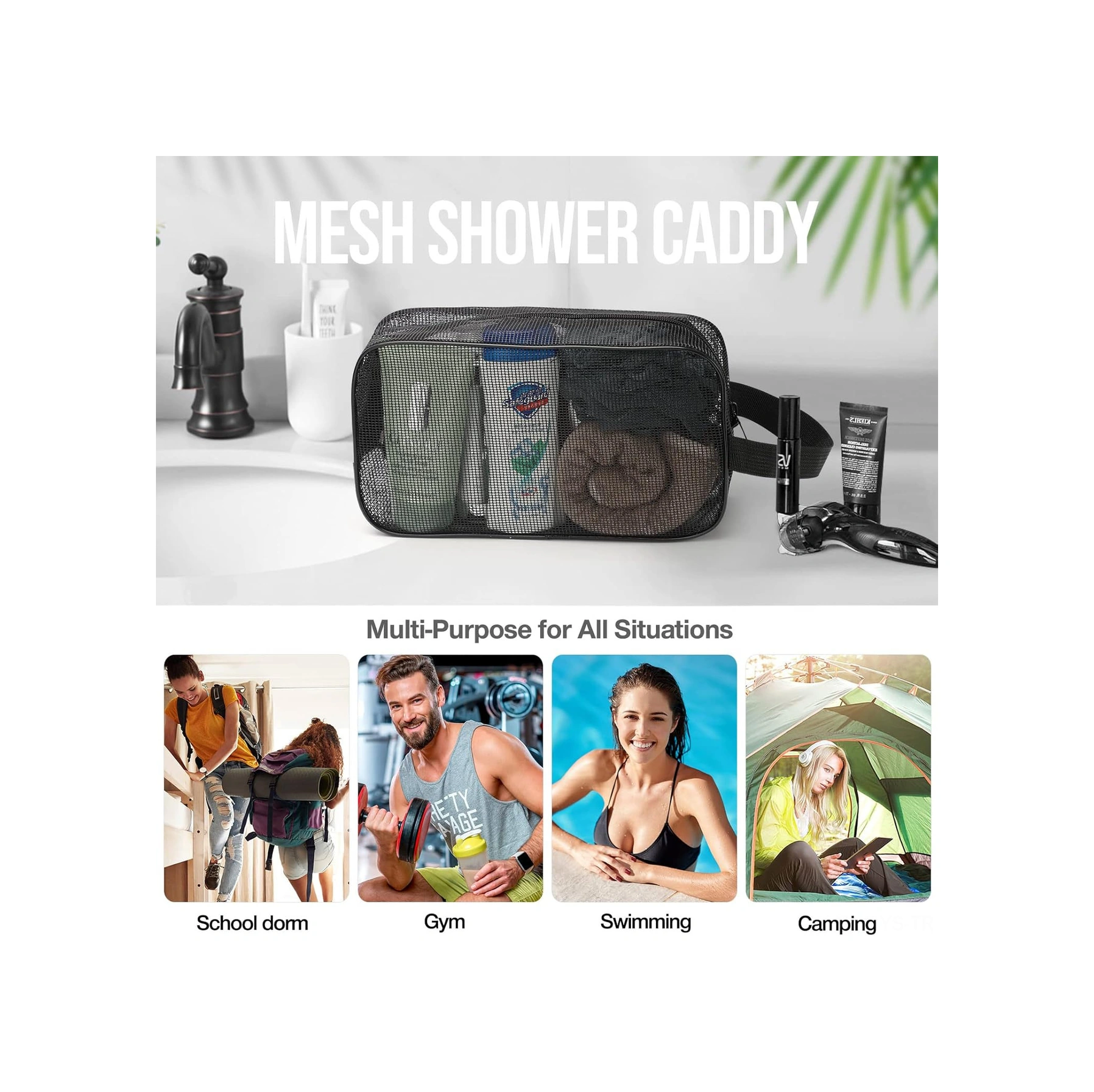 Yunboo Siyah Mesh Taşınabilir Kişisel Bakım Çantası - Tek Askılı Depolama Çantası Siyah