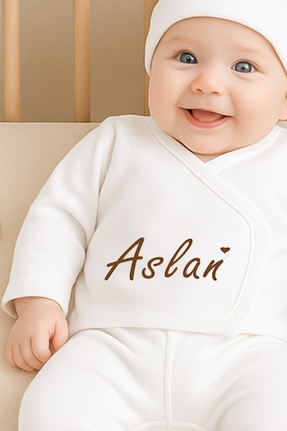 Sitilin Kişiye Özel İsim Baskılı 5 Li Hastane Çıkışı Seti %100 Pamuk Bebek Hediyesi Organik Baskı Stl 7065 Ekru