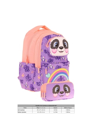 Kaukko Kids Toys Kız Çocuk Mor Somon 3d Panda Şekilli İlkokul Çantası Ve Kalemlik Seti L5233+l8233 Mor