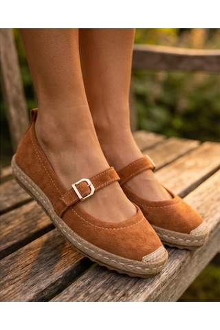Futsishoes Coral Taba Hakiki Deri Toka Detaylı Kadın Espadril Ayakkabı