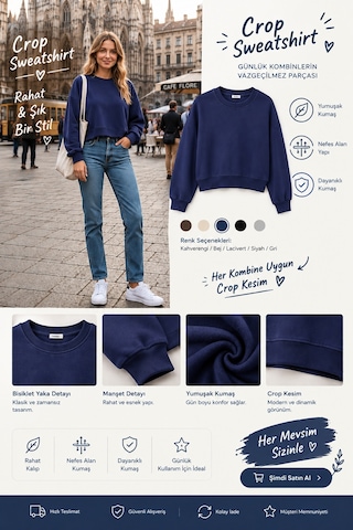 Luxıc Core Kadın Crop Bisiklet Yaka Sweatshirt Pamuklu Yumuşak Dokulu Günlük Spor Sweatshirt Mavi
